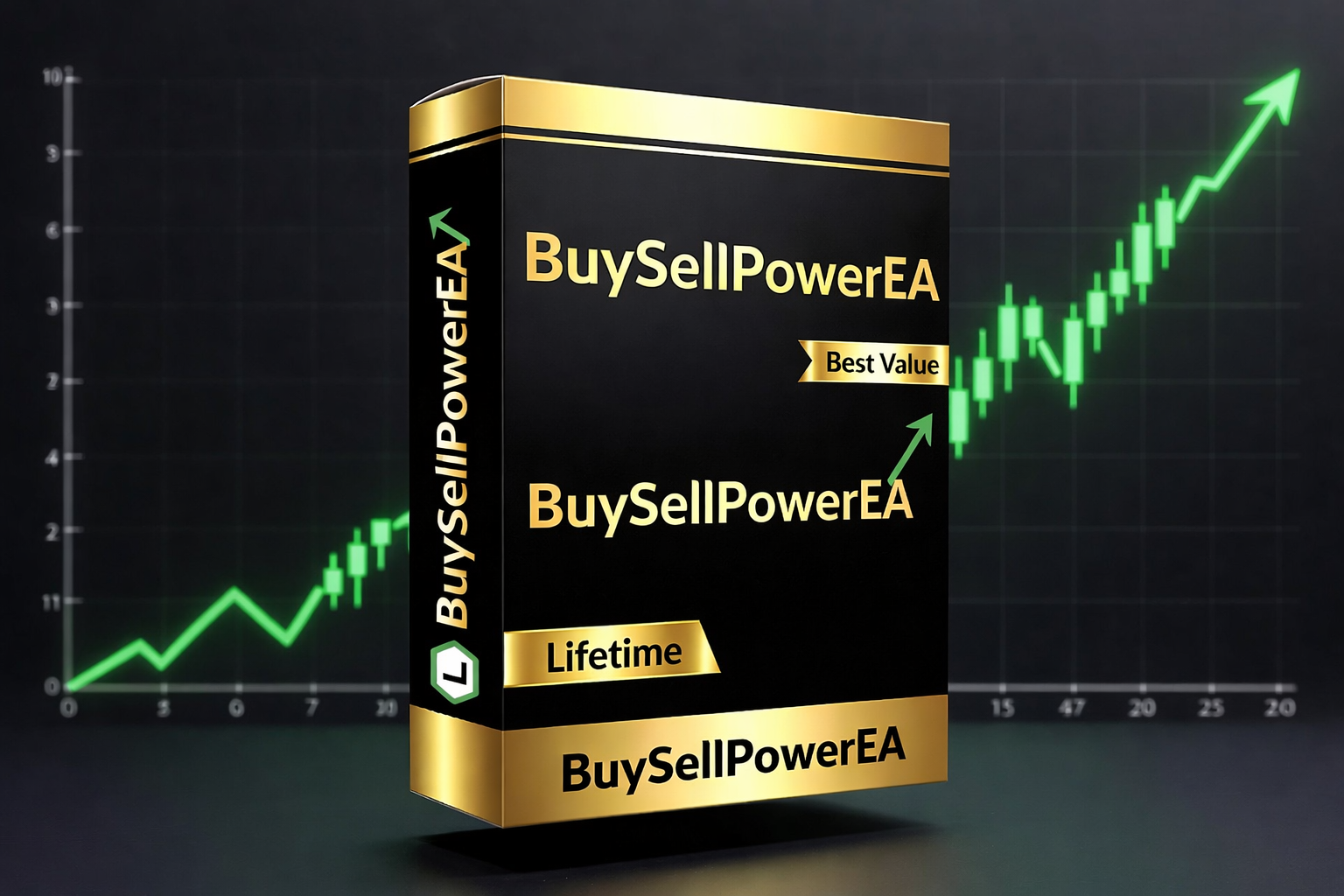 BuySellPowerEA premium black and gold lifetime forex EA software box mockup